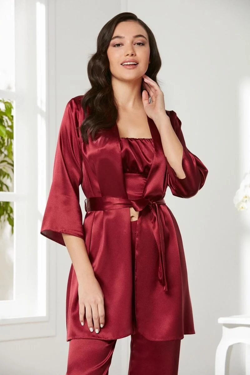 Saten 3'lü Kadın Pijama Takımı  - 2075 Bordo