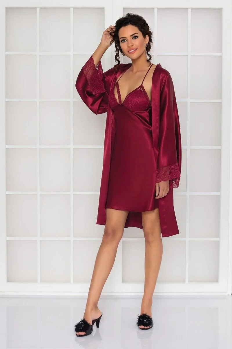 Saten Dantelli Kadın Gecelik ve Sabahlık Takımı - 4250 Bordo