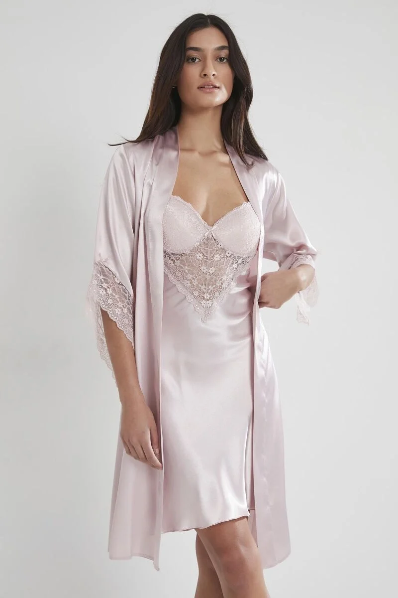 Saten Dantelli Kadın Gecelik ve Sabahlık Takımı - 4240 Pudra
