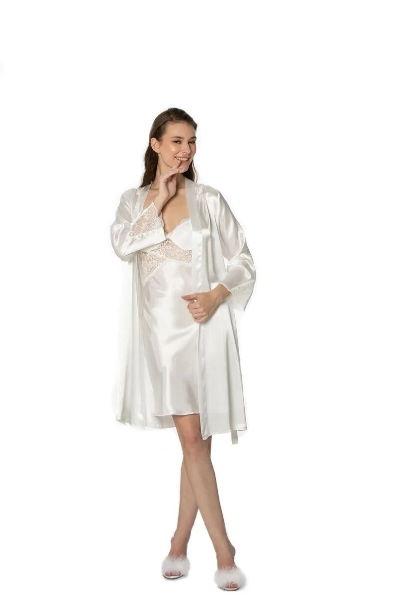 Saten Dantelli Kadın Gecelik ve Sabahlık Takımı - 4050 Ekru