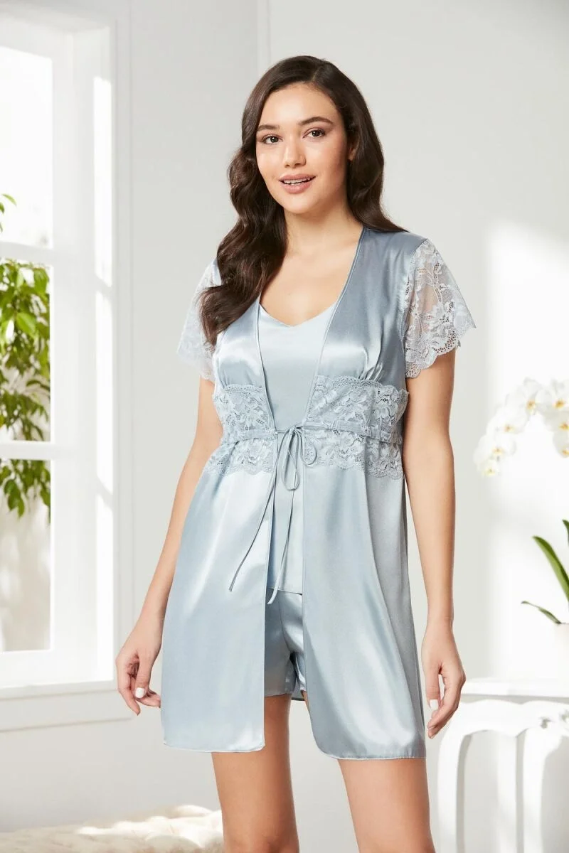 Saten Dantelli 3'lü Kadın Sabahlık Takım  2480 Mist