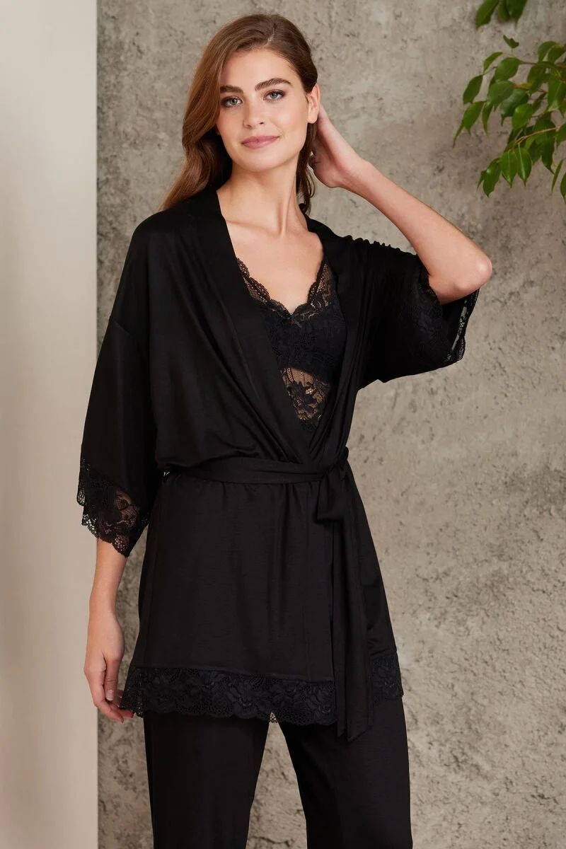 Dantelli Penye 3'lü Lohusa Pijama Takımı  - 2810 Siyah