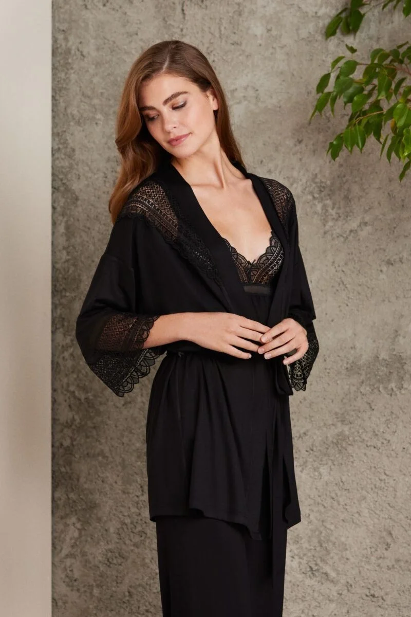 Dantelli Penye 3'lü Lohusa Pijama Takımı  - 2820 Siyah