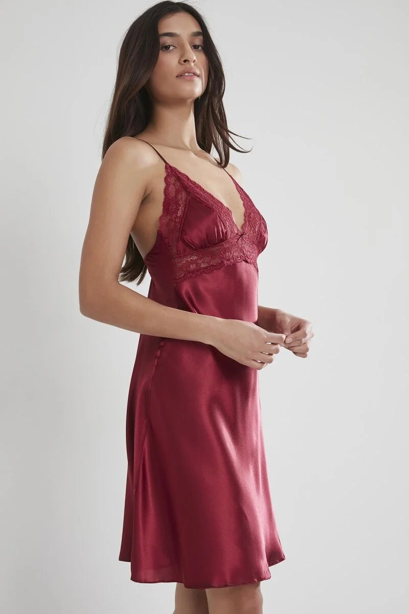 Saten Dantelli Kadın Gecelik -  603 Bordo