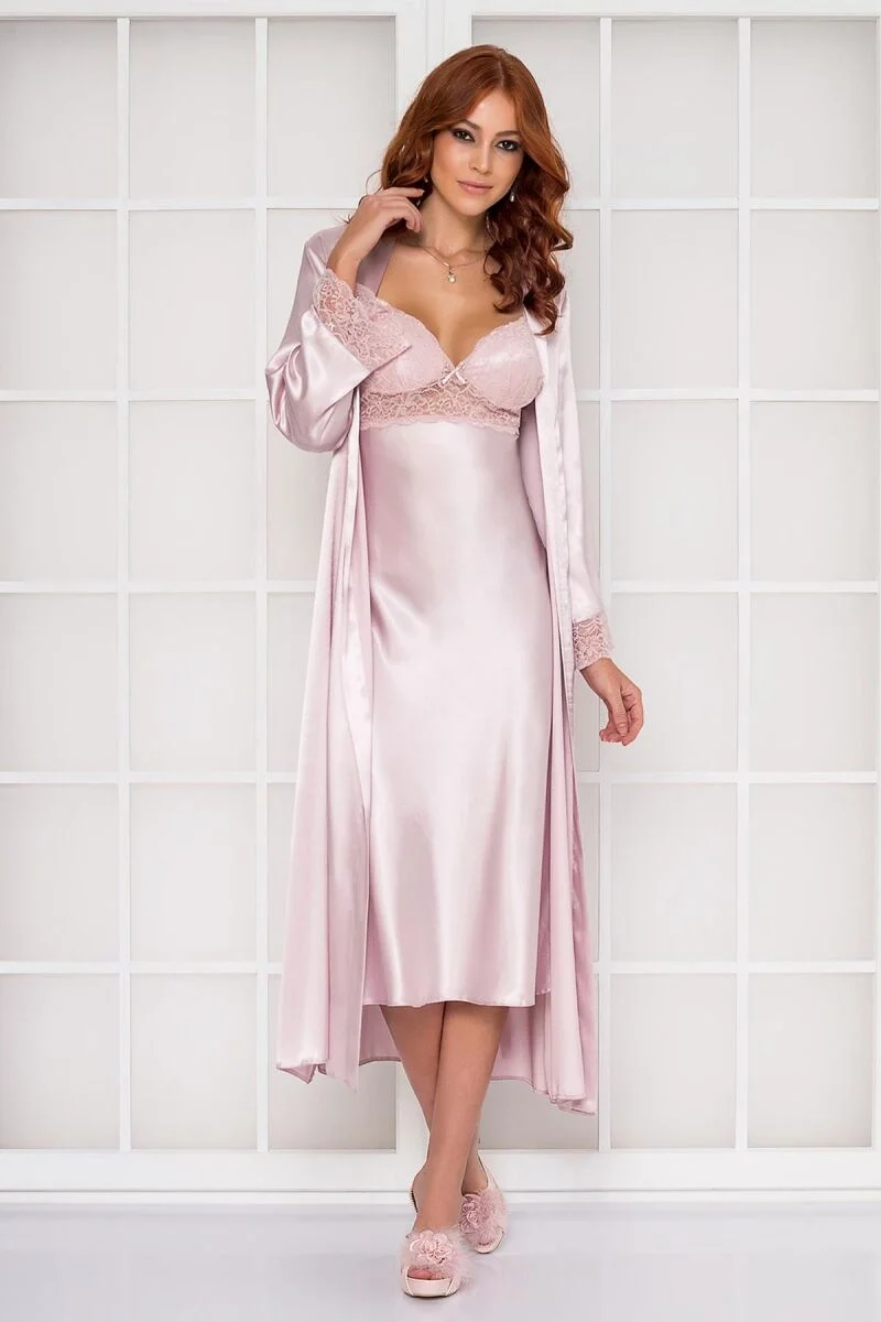 Saten Dantelli Kadın Gecelik ve Sabahlık Takımı - 4370 Pudra